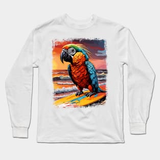 Parrot Surfing Cute Colorful Comic Illustration Long Sleeve T-Shirt